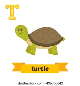 Turtle. T letter. Cute children animal alphabet in vector. Funny cartoon animals. Vector illustration