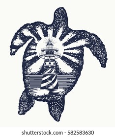 Turtle tattoo art. Symbol of tropical travel, adventure, surf. Lighthouse on edge of cliff. Sea turtle double exposure animals t-shirt design 
