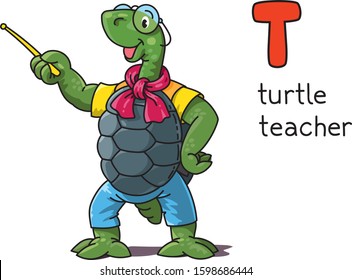 Turtle teacher. Animals profession ABC. Alphabet T