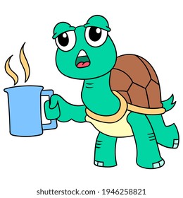turtle is tired of enjoying breaktime with a glass of hot drink, vector illustration art. doodle icon image kawaii.