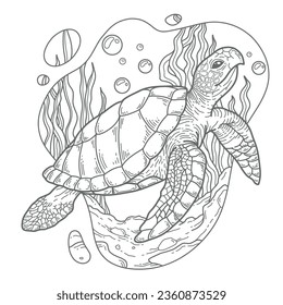 Turtle (tortoise) with underwater background. Freehand sketch for adult anti stress coloring book page, cover, decoration, and design element.