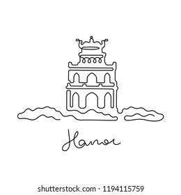 Turtle Tower continuous line illustration. Hanoi sketch