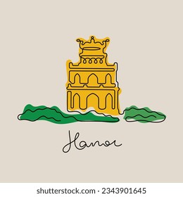 Turtle Tower, Hanoi, Vietnam. Continuous line colourful vector illustration.