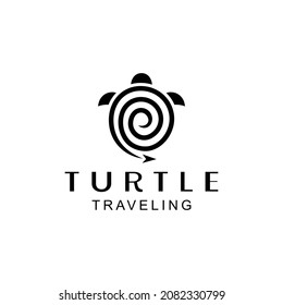 Turtle traveling with line art style in white background, template vector logo design as you editable