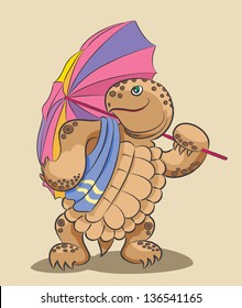 The turtle with an umbrella and a towel is on beach