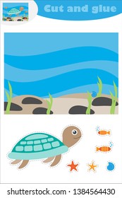 Turtle under water cartoon, education game for the development of preschool children, use scissors and glue to create the applique, cut parts of the image and glue on the paper, vector illustration