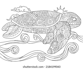 ilustración vectorial del libro de coloración en blanco y negro de tortuga submarina