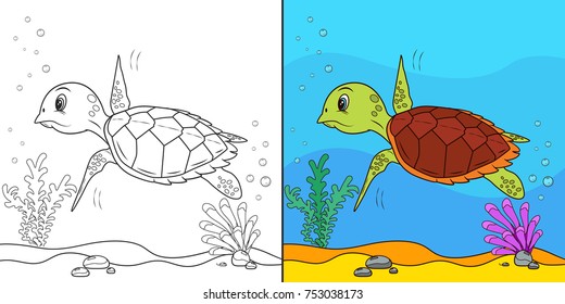 Turtle Underwater, Line Art Illustration For Coloring Book