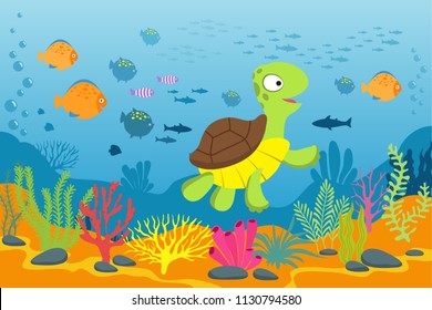 Turtle in underwater scene. Tortoise, seaweeds and fishes in ocean bottom. Cartoon marine vector background. Illustration of turtle under water ocean, marine life