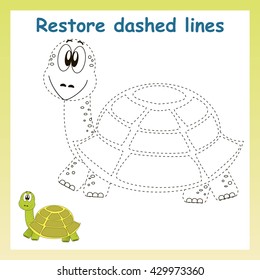 Turtle in vector to be traced. Restore dashed line and color the picture. For preschool children.