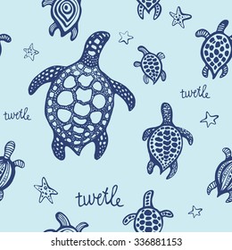 Turtle  vector bright ornament. Seamless texture