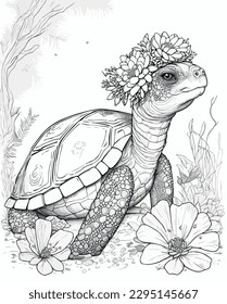 Turtle vector coloring book black and white for kids and adults isolated line art on white background.