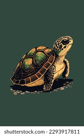 Turtle vector illustration on a dark green background. Vector illustration. flat vector cartoon style
