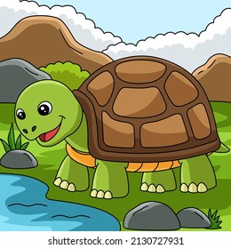 Turtle Walking Cartoon Colored Illustration