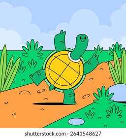 Turtle walking cheerfully along a dirt path surrounded by green plants and grass for  nature themes, and positive character cartoon illustration vector background