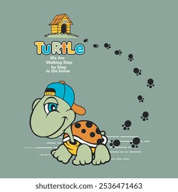 Turtle walking to get home ,animal cartoon vector illustration