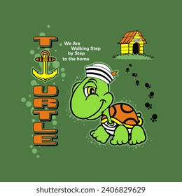 turtle walking step by step to the house, vector illustration