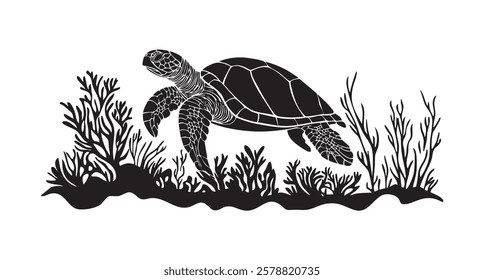 A turtle is walking through a field of seaweed