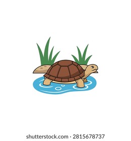 Turtle walking in water with green plants
