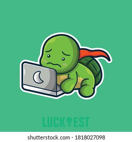 Turtle is watching drama from laptop flat cartoon style icon vector illustration logo template for many purpose.