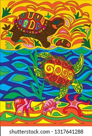Turtle in the water and turtle in the coast