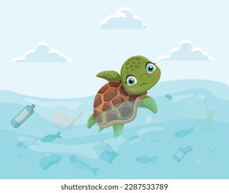 Tortuga en el agua con basura. Animal en el océano con basura, mar contaminado. Afiche o cartel motivacional. Reducción de las emisiones de desechos peligrosos y atención a la naturaleza. Dibujo vectorial plano de dibujos animados