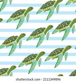 Turtle in waves, animals vector seamless pattern isolated on bright background. Concept for print, cards, textile