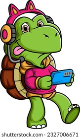Turtle wearing gaming headphones (over the ear, with a mic) holding a smartphone of illustration