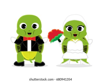  Turtle wedding couple cartoon holding flowers and wearing wedding dress
. Funny vector illustration.