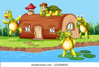 Turtle at the wooden house illustration