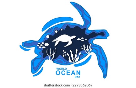 Turtle world ocean day poster template. Paper cut underwater sea background vector.