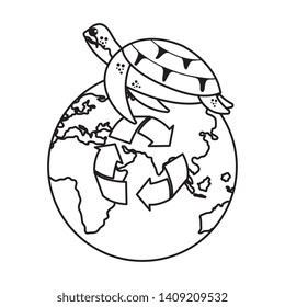 turtle with world planet and arrows recycle