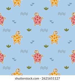 Turtle yellow and red cartoon so cute. On seaweed fish wave light blue background. Pattern seamless vector illustration.
