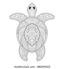Turtle in zentangle style. Freehand sketch for adult antistress coloring page with doodle elements. Ornamental artistic vector illustration for tattoo, t-shirt print. Sea animal collection. svg