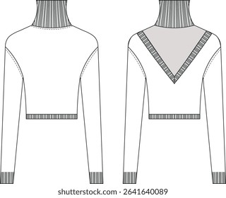 turtleneck back low cut cutout backleribbed hem cuff drop shoulder long sleeve cropped crop short sweater blouse mplate technical drawing flat sketch cad mockup fashion woman design style model 
