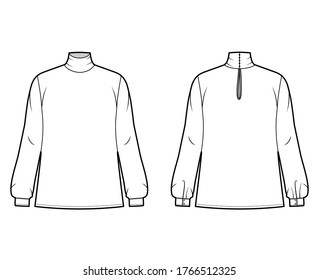 Turtleneck blouse technical fashion illustration with long sleeves and cuff, oversized body, button fastening keyhole at back. Flat apparel template front, back white color. Women men unisex mockup