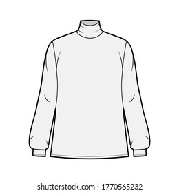 Turtleneck blouse technical fashion illustration with long sleeves and cuff, oversized body, button fastening keyhole at back. Flat apparel template front, grey color. Women men unisex garment mockup
