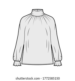 Turtleneck blouse technical fashion illustration with long sleeves, flouncy ruffled cuffs, oversized body. Flat apparel template front, grey color. Women men unisex garment CAD mockup