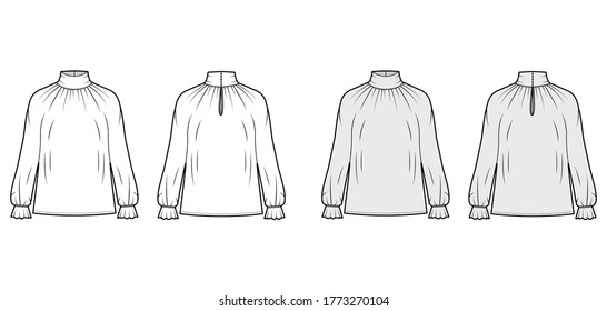 Turtleneck blouse technical fashion illustration with long sleeves, flouncy ruffled cuffs, oversized body. Flat apparel template front, back, white grey color. Women men unisex garment