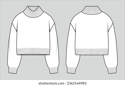 Saltador recortado de cuello de tortuga. Suéter de cuchillos de las mujeres. Esbozo técnico vectorial. Plantilla de mordaza.