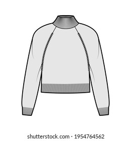 Turtleneck cropped Sweater technical fashion illustration with long raglan sleeves, relax body, waist length, knit trim. Flat jumper apparel front, grey color style. Women men unisex CAD mockup