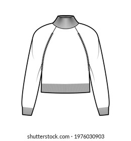 Turtleneck cropped Sweater technical fashion illustration with long raglan sleeves, relax body, waist length, knit trim. Flat jumper apparel front, white color style. Women men unisex CAD mockup