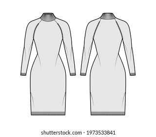 Turtleneck dress Sweater technical fashion illustration with long sleeves, fitted body, knee length, knit trim. Flat jumper apparel front, back grey color style. Women men unisex CAD mockup
