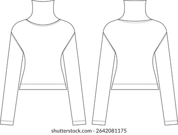 turtleneck high neck drop shoulder long sleeve knitted fit body con sweater blouse top template technical drawing flat sketch cad mockup fashion woman design style model 