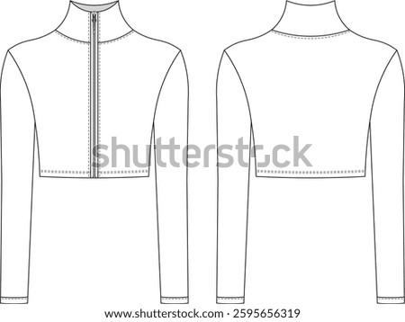 turtleneck high neck long sleeve zippered cropped crop blouse top sweater template technical drawing flat sketch cad mockup fashion woman design style model 