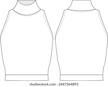 turtleneck high neck sleeveless blouse top template technical drawing flat sketch cad mockup fashion woman design style model 