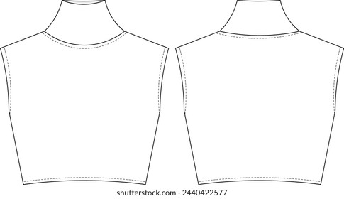 turtleneck high neck sleeveless crop cropped elastic fit tank top blouse template technical drawing flat sketch cad mockup fashion woman design style model