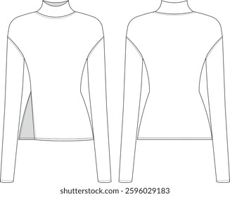 turtleneck high neck slitted low cut cutout drop shoulder long sleeve blouse top sweater knitwear template technical drawing flat sketch cad mockup fashion woman design style model
