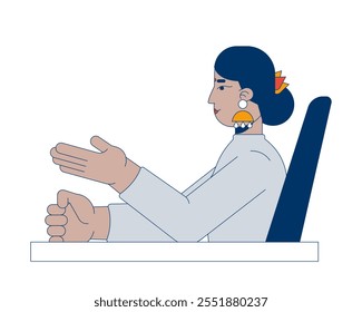 Mujer de negocios hindú de cuello alto gesticulando en el escritorio personaje de dibujos animados 2D. La jefa del CEO, señora. Vector plano de la persona aislada del gerente femenino indio bindi sobre fondo blanco. Ilustración de punto colorido