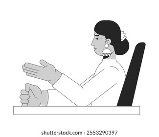 Mujer de negocios hindú de cuello alto gesticulando en el escritorio personaje de línea 2D en blanco y negro. La jefa del CEO, señora. Persona de contorno de Vector aislado de gerente mujer bindi india. Ilustración de punto monocromático